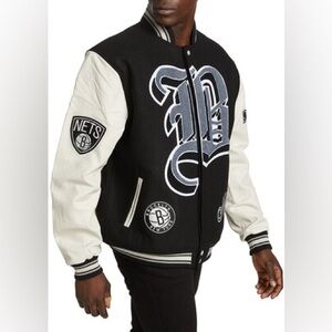Jeff Hamilton Brooklyn Nets Wool & Leather Varsity Jacket and Garment Bag